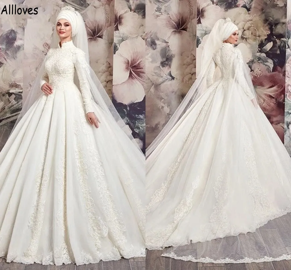 Marfim gola alta muçulmano dubai vestido de baile vestidos de casamento com mangas compridas apliques de renda frisado igreja vestidos de noiva tribunal trem plus size vestidos de novia cl1435