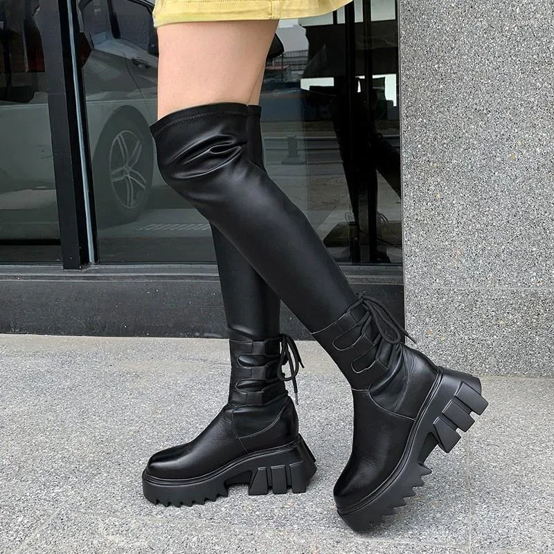 Black Leather Thigh High Boots For Women Sexy Flat Over The Knee Style With  Thick Soles, Perfect For Parties And Special Occasions From Huostar, $31.95  | DHgate.Com