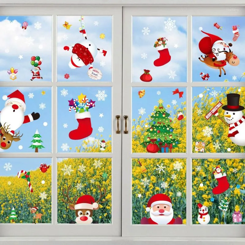 크리스마스 장식 귀여운 만화 스티커 눈사람 산타 엘크 창 벽 스티커 홈 파티 장식 Xmas Shopwindow