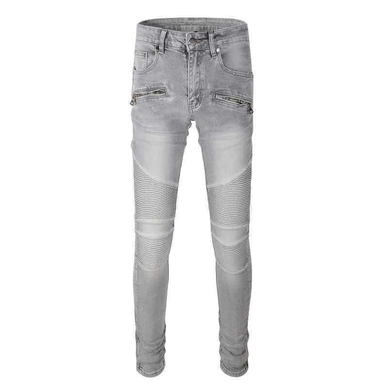Męskie dżinsy męskie szary motocykliny jeansy streetwear plisowane patchwork dżinsowe spodnie szczupłe zwężające się ołówki T221102