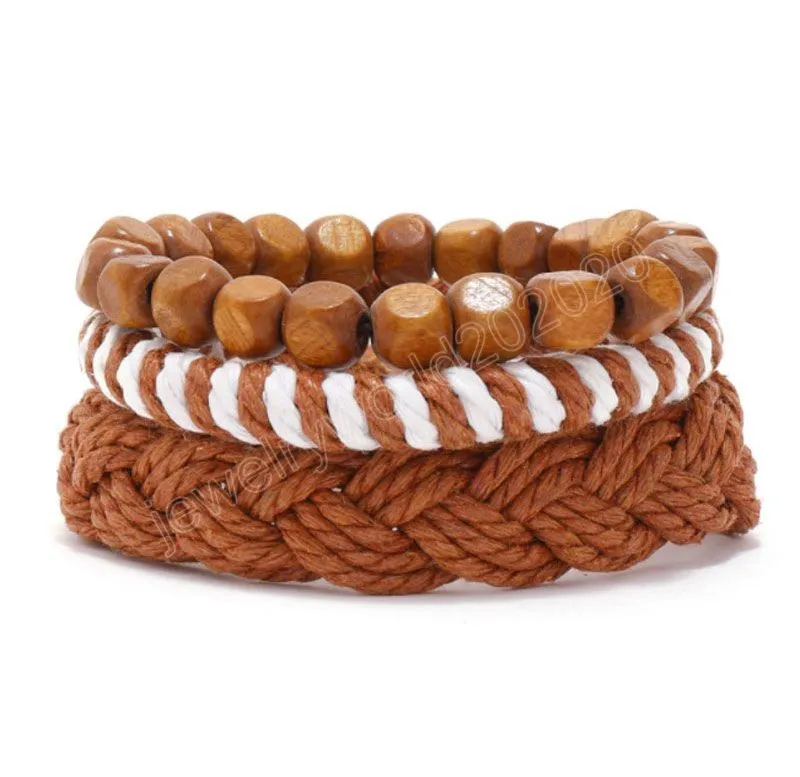 Corde à la main tressée en bois perlé bracelets porte-bonheur ensemble pour hommes femmes fête décor bracelet bijoux