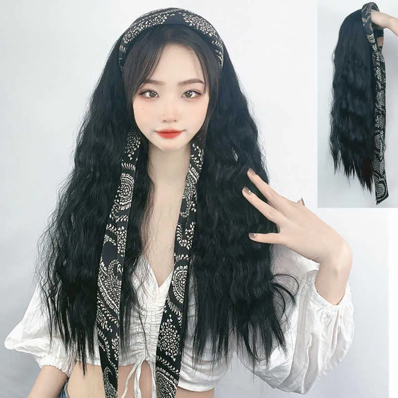 Women's Hair Wigs Lace Synthetic Summer band Wig Female Streamer Tie Long Net Red Braided Hair Big Wave High Temperature Silk Half Cap