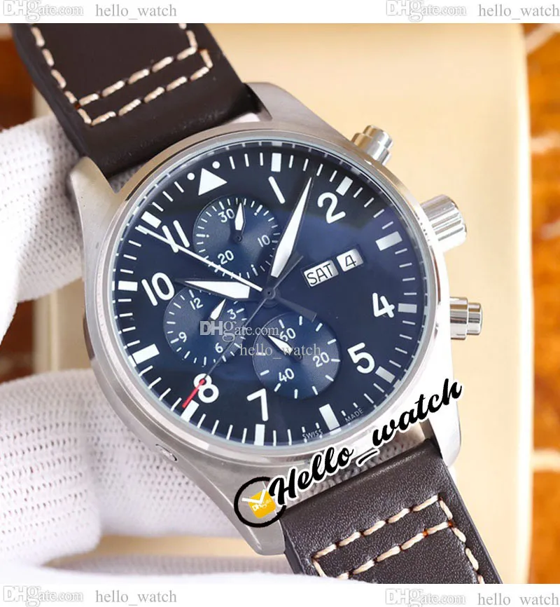 43mm Pilots Little Prince IW377714 Automatic Mens Watch Blue Dial No Chronograph Steel Case Brown Leather Strap Double Calendar New Watches HelloWatch E208