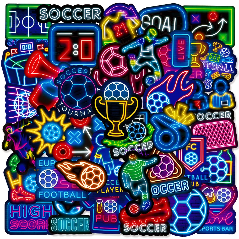 Pack of 50P Neon Soccer Stickers No-Duplicate Waterproof Vinyl Sticker for Luggage Skateboard Notebook Water Bottle Car Decals