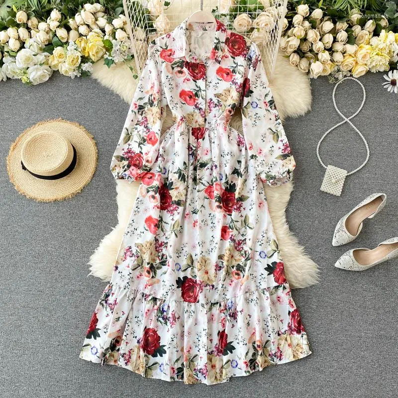 Casual Dresses 2022 Women Fashion Rose European Long Bubble-sleeve Print Flowers Swing Dress Vestidos De Fiesta