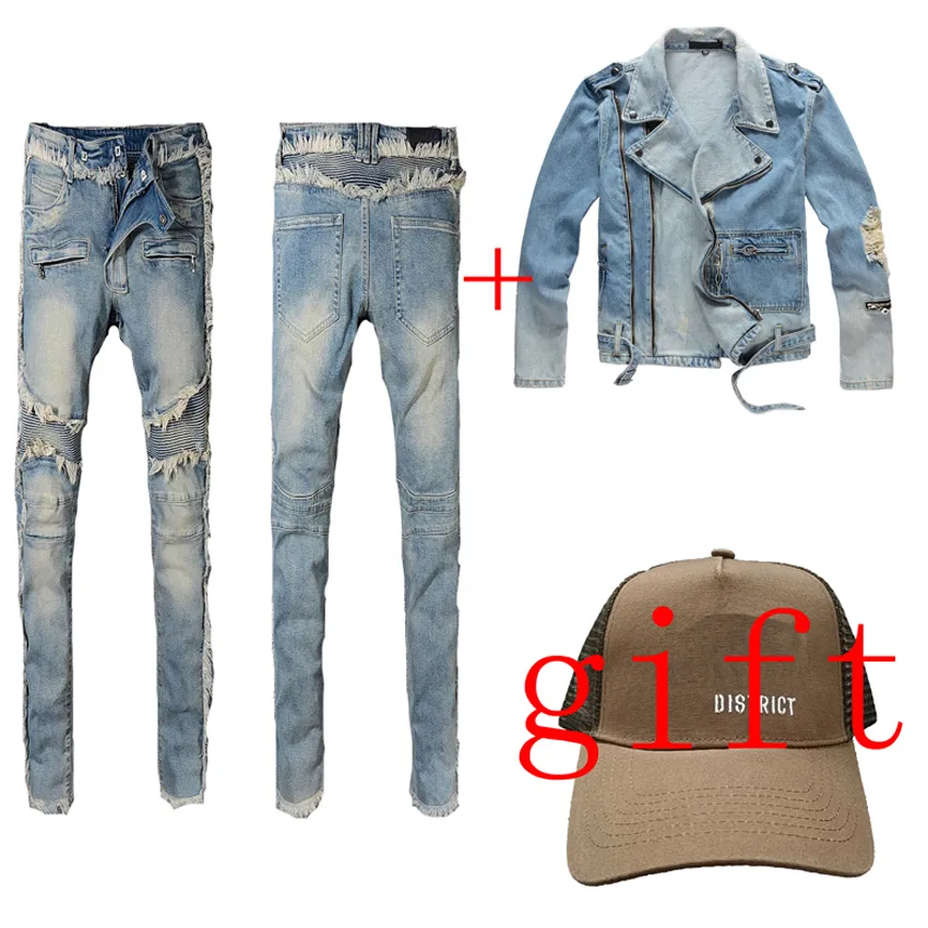 Svart rippade jeans för män kvinnor jean med jacka gåva en hatt europeiska och amerikanska jeans casual jackor lyxiga smala denim rak cyklist mager byxa storlek 29-38 vit