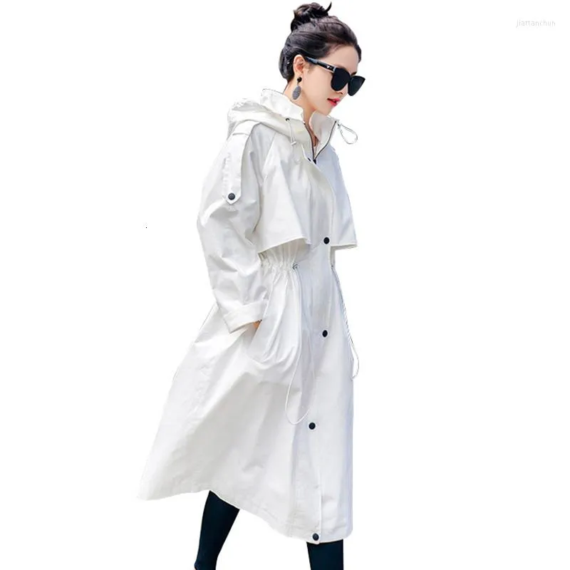 Femmes Trench-Coats Femmes 2022 Blanc Automne Manteau Confortable Coupe-Vent Filles Longue Simple Veste À Capuche Lâche Mode Bureau Survêtement L15