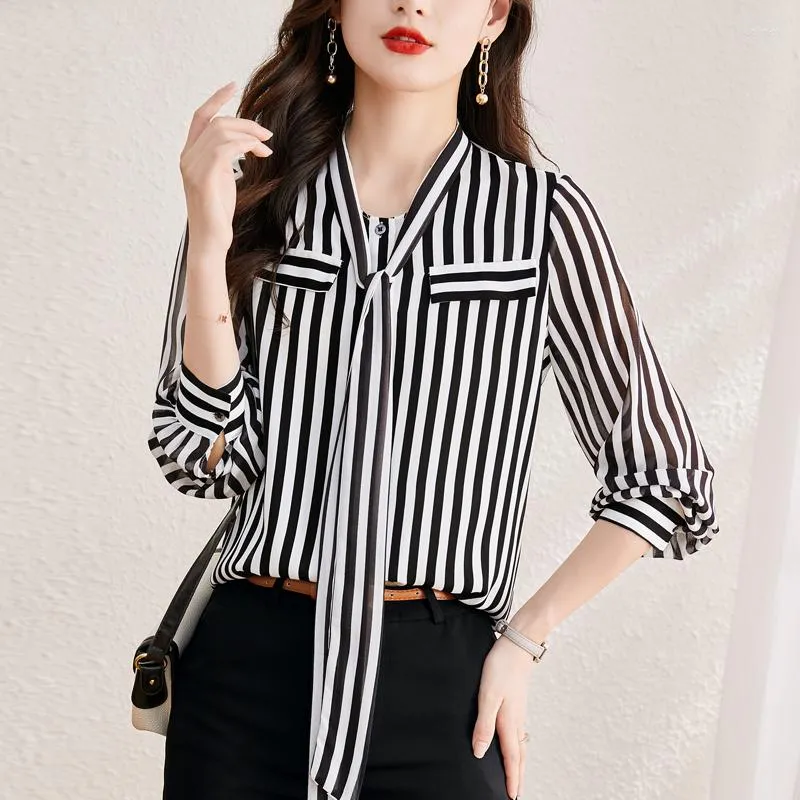 Blusas de mujer TingYiLi Vintage Blanco y Negro Rayas Manga Larga Arco Blusa Camisa Mujer Primavera Otoño Casual Gasa Top Moda Coreana