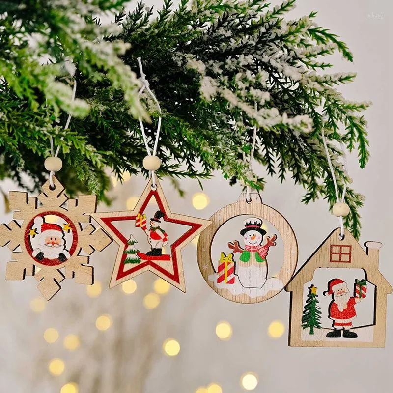 Décorations de Noël 1 boîte Flakes de neige pendentifs en bois Ornements d'arbre à la maison décor suspendu pour Navidad 2022