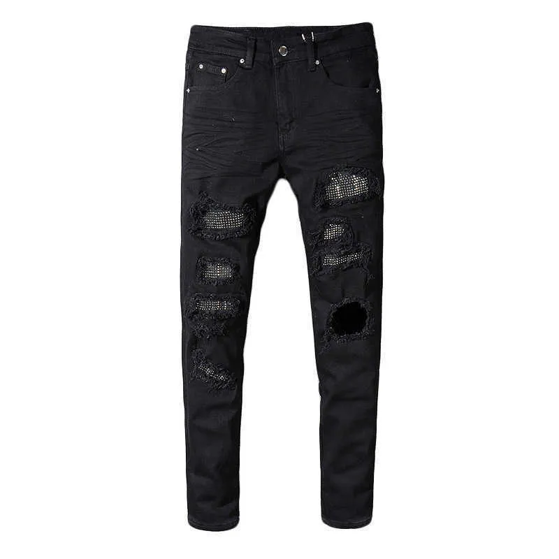 Heren jeans sokotoo heren slanke mager kristal strass patchwork gescheurde jeans mode patch zwart stretch denim broek t221102