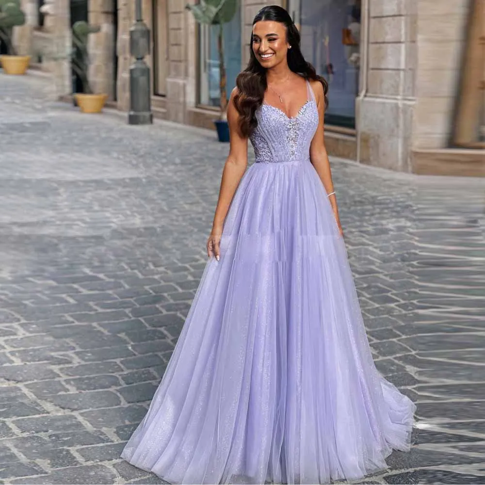 Purple Spaghetti кружевные аппликационные платья выпускные платья блеск юбка специального случая