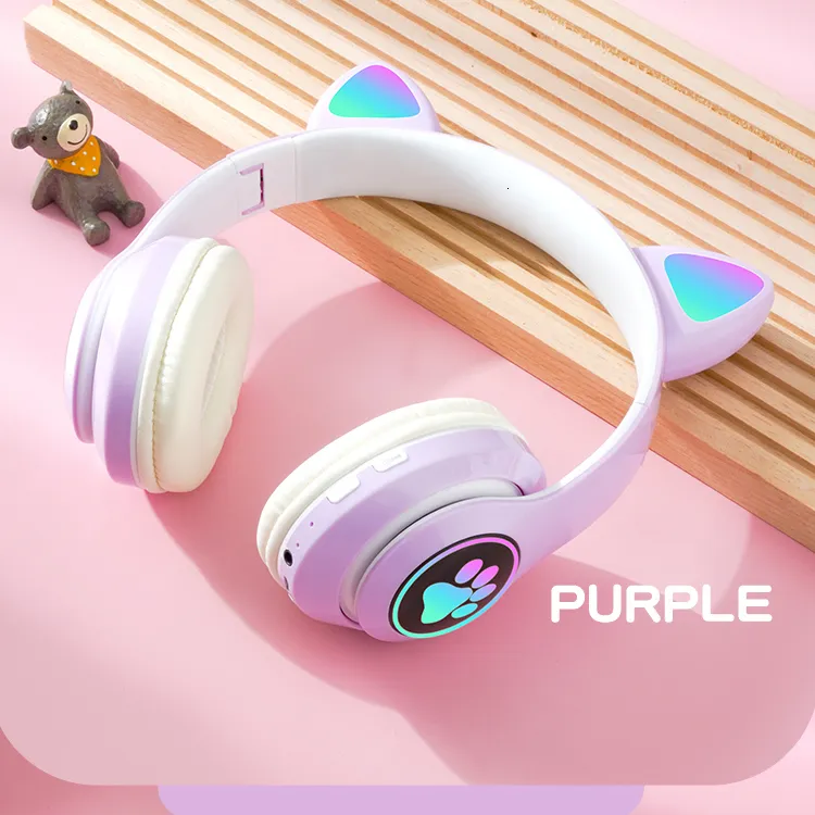 Cuffie auricolari per cellulare, cuffie wireless con luce flash, graziose orecchie di gatto con microfono, LED, cuffie stereo per musica da bambina, casco_voghion.com