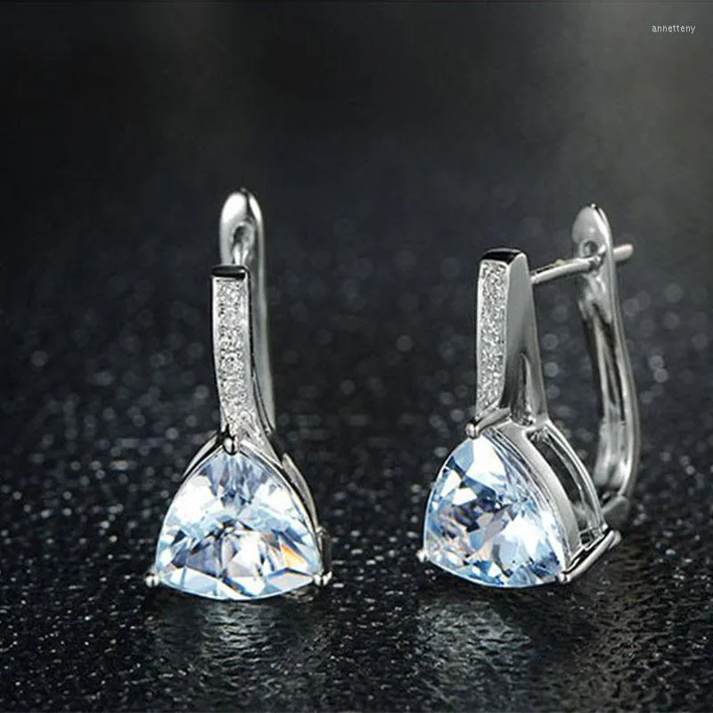 Dos Boucles D'oreilles ANGE NOIR Mode De Luxe Bleu Ciel Topaze Spinelle Zircon Clip Goutte D'eau En Forme 925 Argent Oreille Bijoux Pour Femmes Cadeau