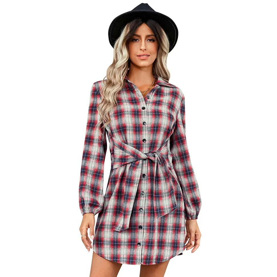 Women Plaid Casual Dresses Long Sleeve Tie Front Button Down V Neck Shirt Dress