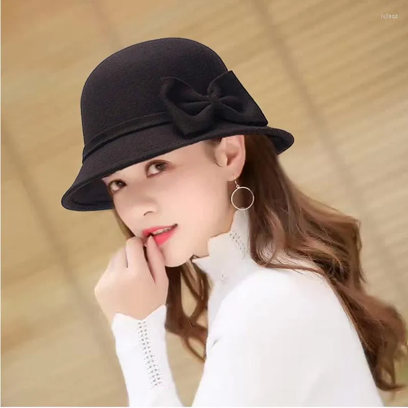 Berets Bow Imitation Woolen Fedora Hat For Women Solid Color Winter Autumn Warm Cap Elegant Female Party Wedding Bowler Panama