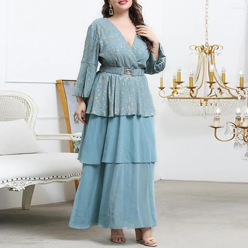 Plus Size Kleider Damen Großes Maxi Langes Übergroßes V-Ausschnitt Muslim Abend Party Festival Elegantes Kleid L-4XL