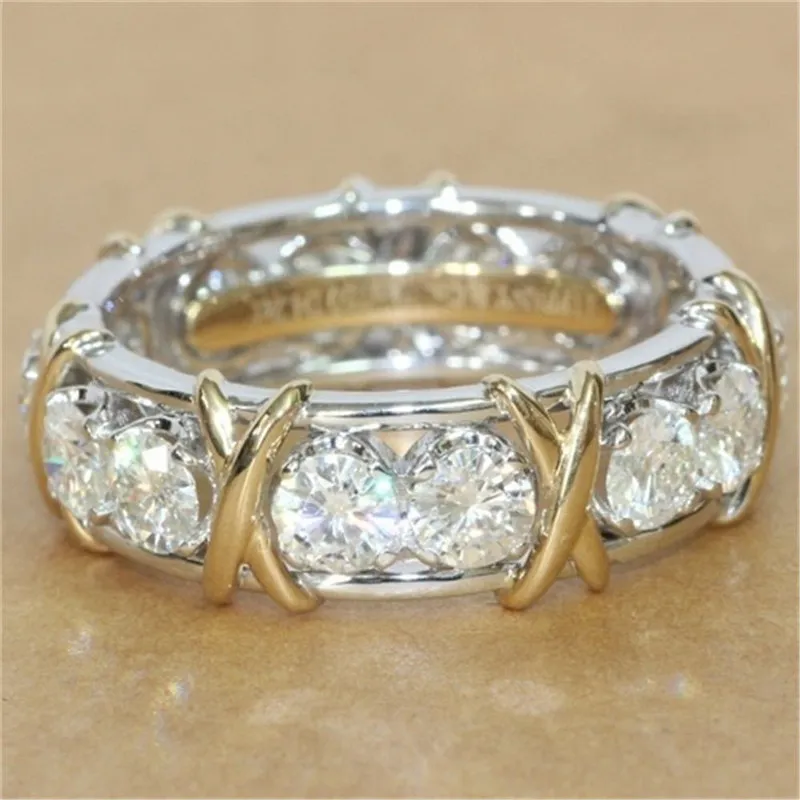 Frauen Liebes Band Ring Professionell Ewigkeit Diamonique CZ Simuliertes Diamant 10KT Whiteybellow Gold gefüllt Hochzeitsmarke Kreuzringe für Paare