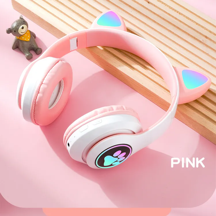 Cuffie auricolari per cellulare, cuffie wireless con luce flash, graziose orecchie di gatto con microfono, LED, cuffie stereo per musica da bambina, casco_voghion.com