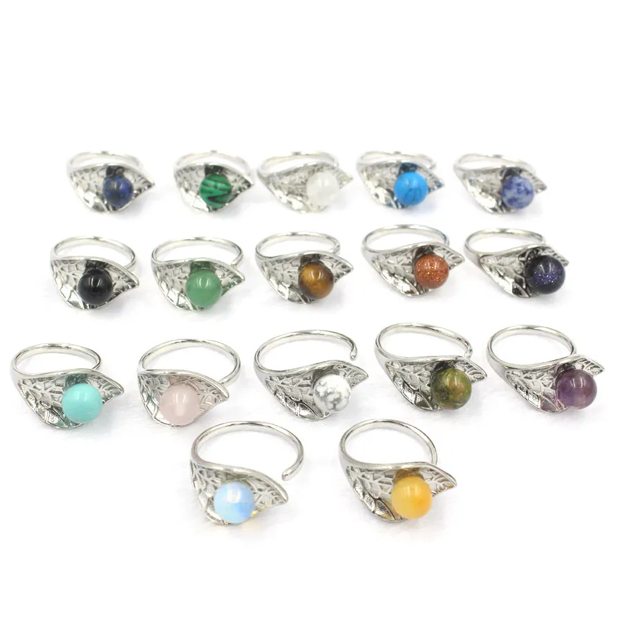 Natural Stone Ring for Women Healing Silver Color Tree Leaf Adjustable Rings Engagement Wedding Bridal Jewelry BT009