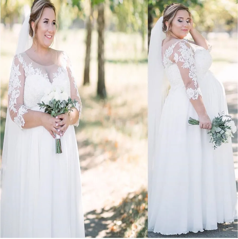 Plus Size Wedding Dress Pregnant 3/4 Sleeve A-Line Big Size Lace Appliques Chiffon Bridal Gowns Elegant For Women Brides