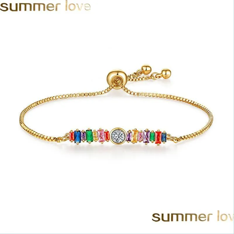 Braccialetti con ciondoli Braccialetto in zircone arcobaleno dorato Colorf Catena regolabile Tennis per donne Ragazze Contenitore di gioielli di moda Bracciale con consegna a goccia Dhju7