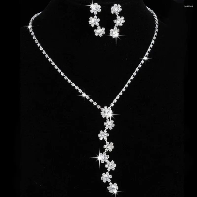 Necklace Earrings Set Fashion Banquet For Women Rhinestones Flowers Silver-plated Choker Wedding Dress Party Earring Ladies Gift