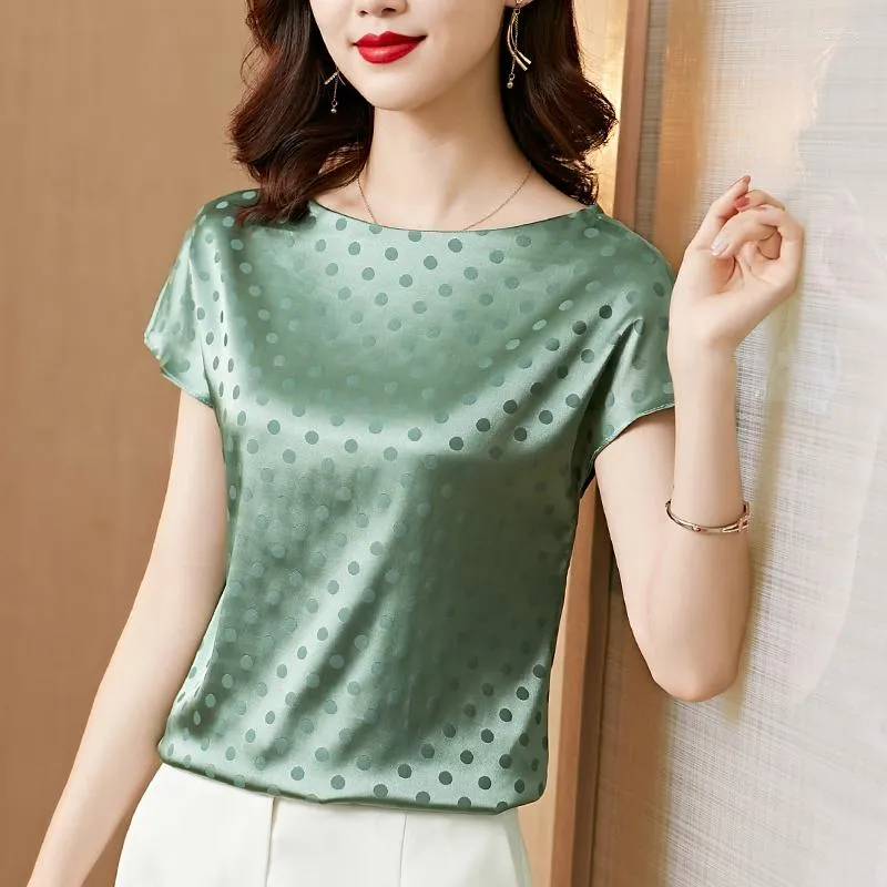 Women's Blouses Polka Dot Jacquard Satin Batwing Sleeve Short T-shirt For Women