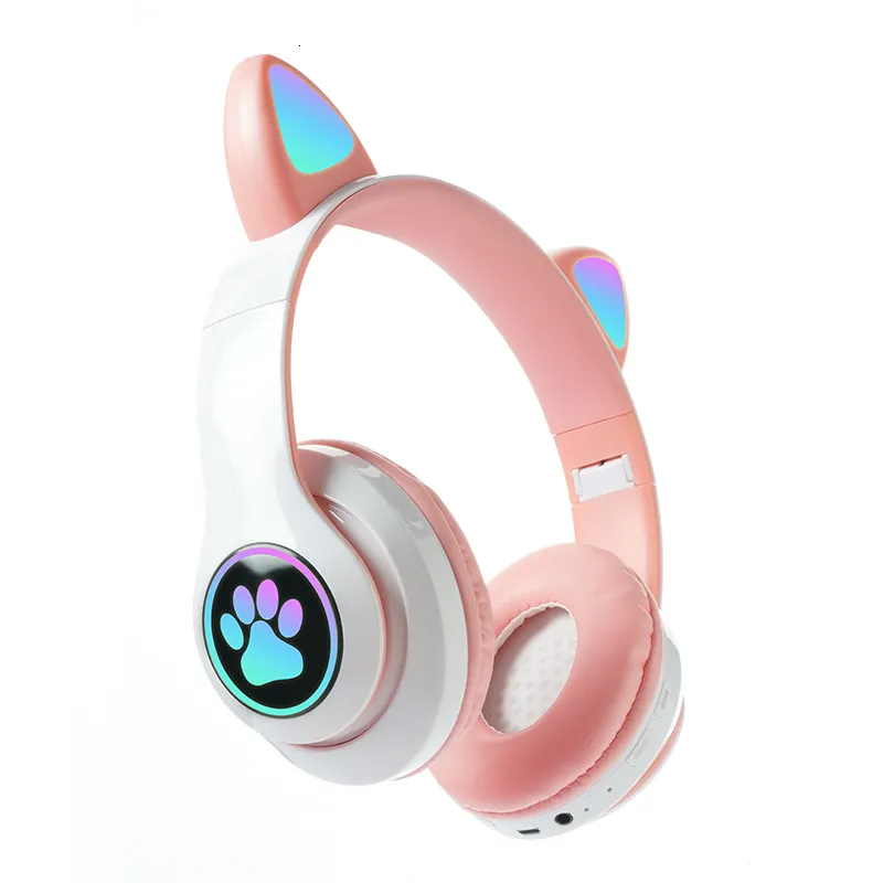 Cell Phone Earphones Wireless Headphones Flash Light Cute Cat Ears With Mic LED Kid Girl Stereo Music Helmet Earbuds_voghion.com