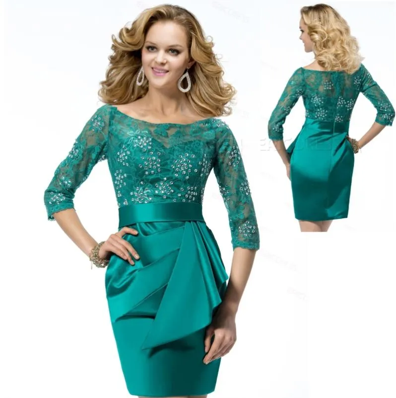 Emerald Green Lace Mother of the Bride Dresses 2019 Plus size half mouwen kralen korte mini bruiloft avondfeestjurken45113311