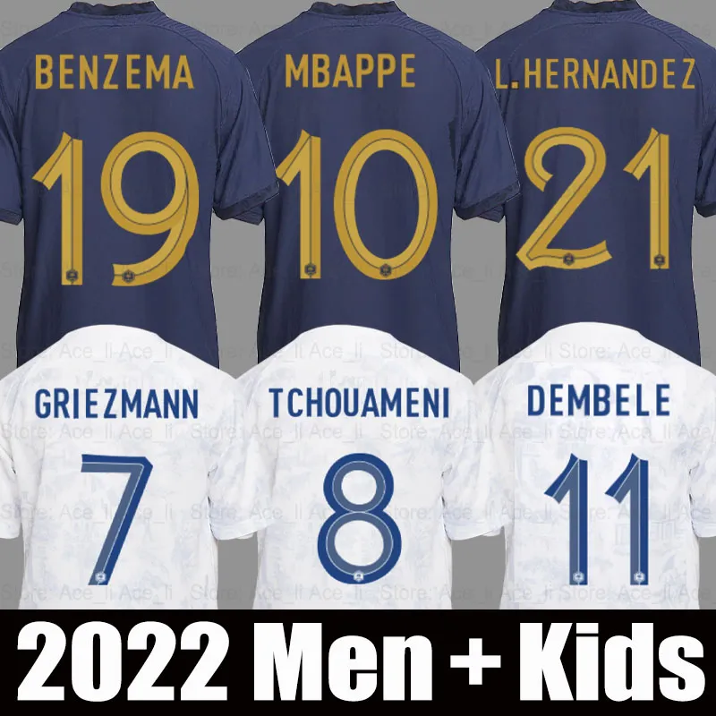 2022 France Soccer Jersey Puchar Świata Benzema Mbappe Griezmann Pogba Kante French Giroud Homme Enfant Femme 23 23 mężczyzn Women Kit Kit Set Maillots de Football Shirts