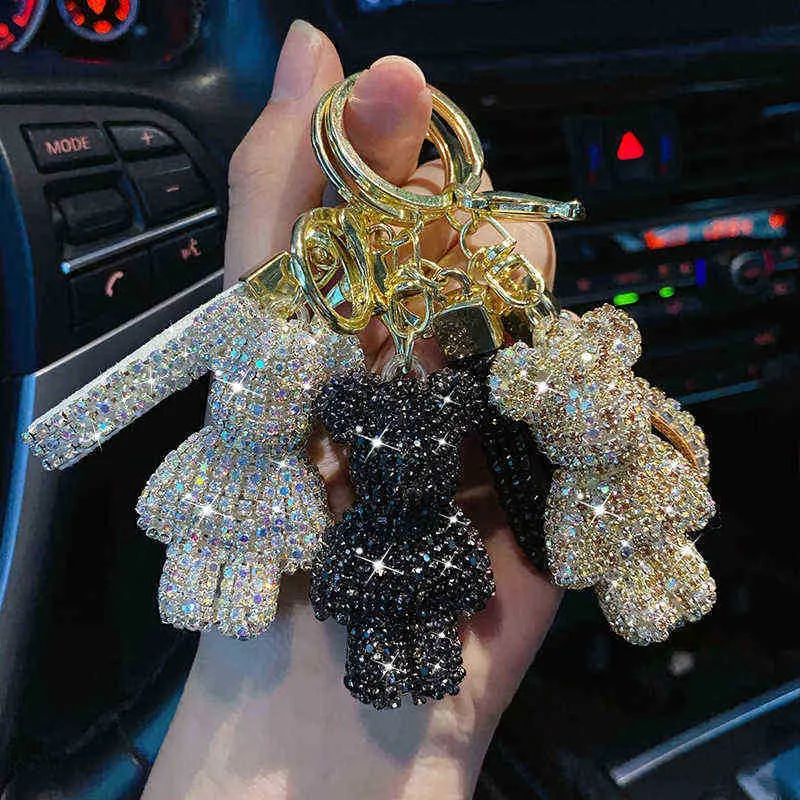 Keychains Cute Rhinestone Keychain Charm Cartoon Bear Pendant For Women Bag Car Key Ring Mobiltelefon Fina smycken Tillbehör Flicka gåvor T220909