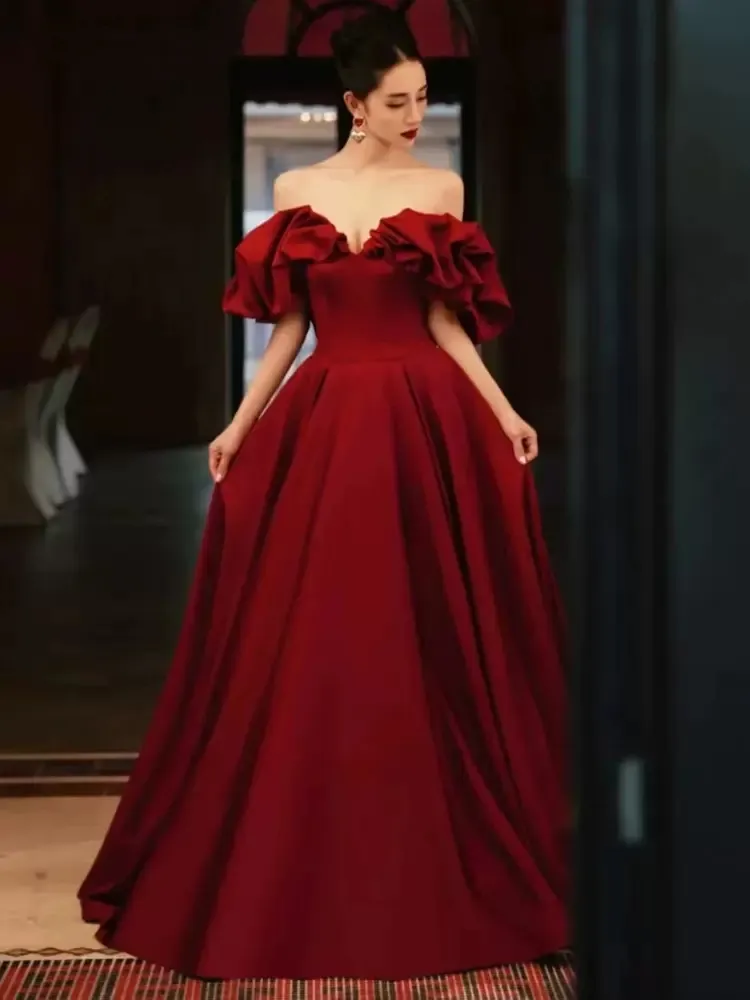 Burgundy Satin Strapless Evening Dress with Lace-Up Back and Ruffles  Neckline Floor-Length Prom Gown from Dhgate Evening Dresses - price 93.32