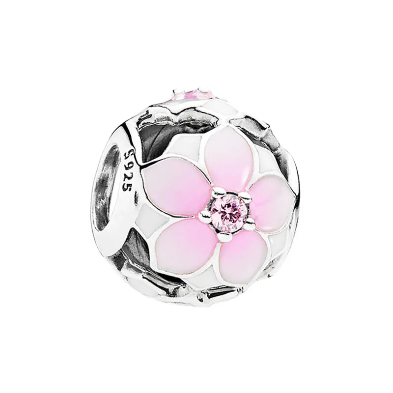 Openwork Pink Magnolia Flower Charm with Original Box for Pandora Sterling Silver Bracelet Bangle Women Girls Jewelry Making Accessories CZ diamond Charms