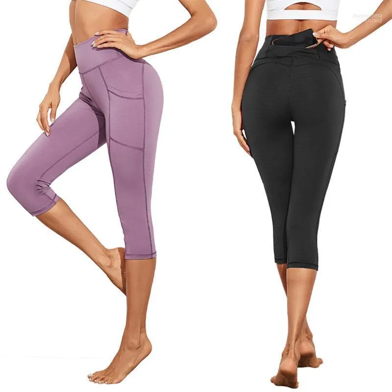 Pantalons pour femmes femmes Yoga taille haute contrôle du ventre Leggings athlétiques extensibles avec poches pour l'entraînement de gymnastique à domicile Capris pour femmes