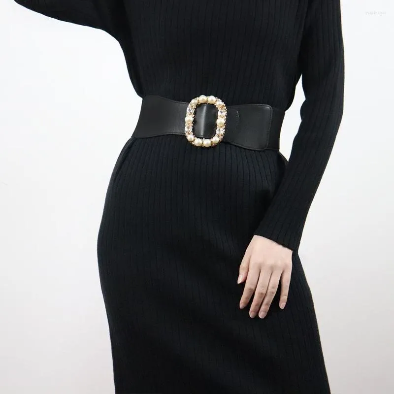 Bälten 2022 Fashion Simple Ladies Belt Pearl Rhinestone Stretch Wide Dress Coat Corset Luxury High Quality Designer Brand