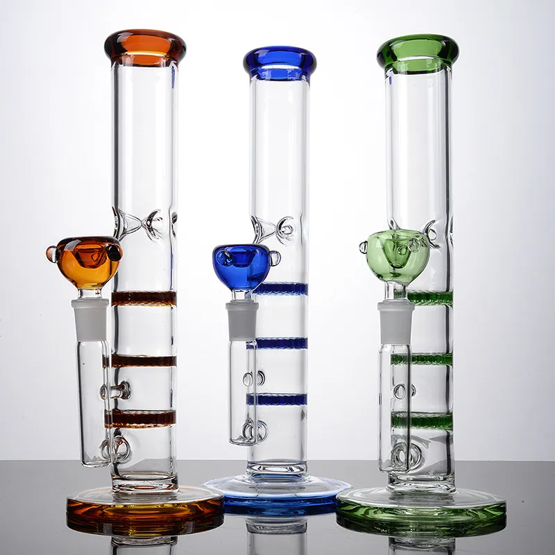 Narghilè alti da 10 pollici Bong spessi Tubi d'acqua in vetro inebriante Tripla pipa a nido d'ape Verde ambra blu Bong colorato Olio Dab Rigs con ciotola