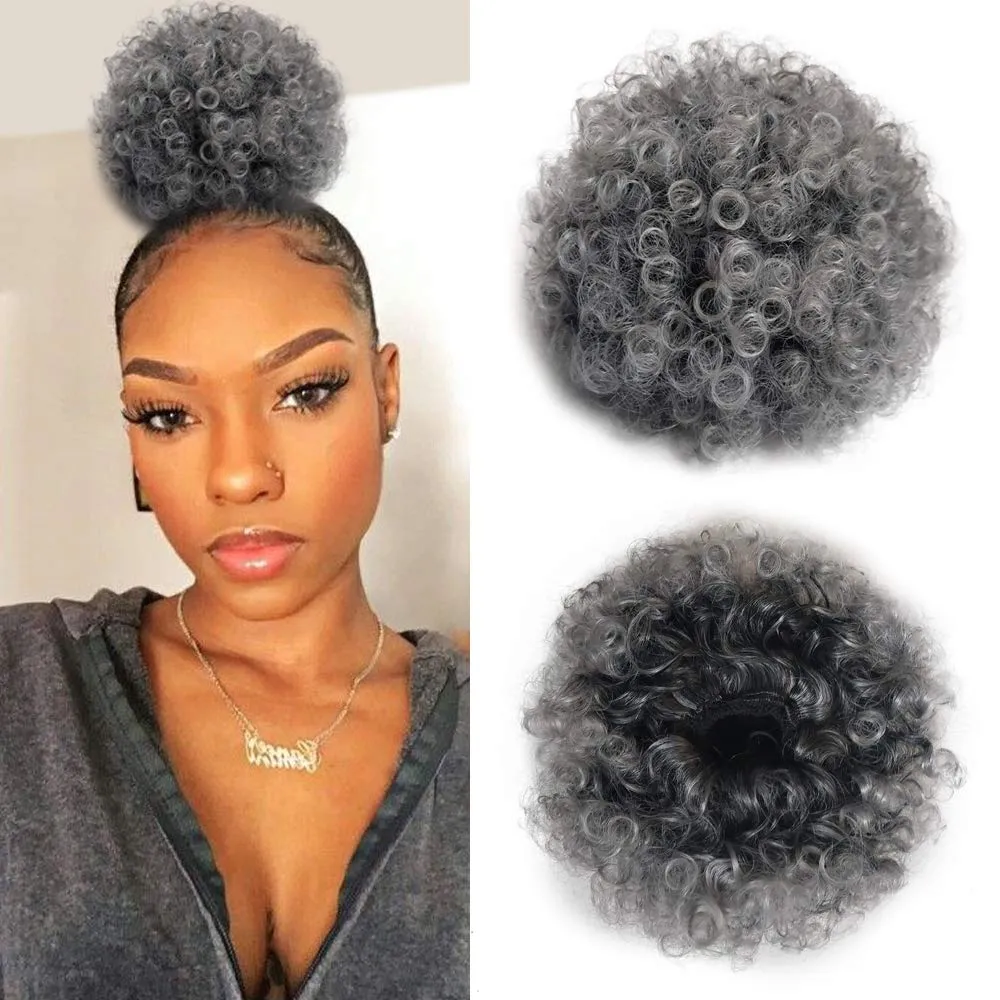 Ombre m￶rkare gr￥ kinky lockig afro puff -dragk￤rlek h￤stsvans kort m￤nsklig 4c gr￥ bulle extensions updo h￥rstycken f￶r svarta kvinnor 100 g