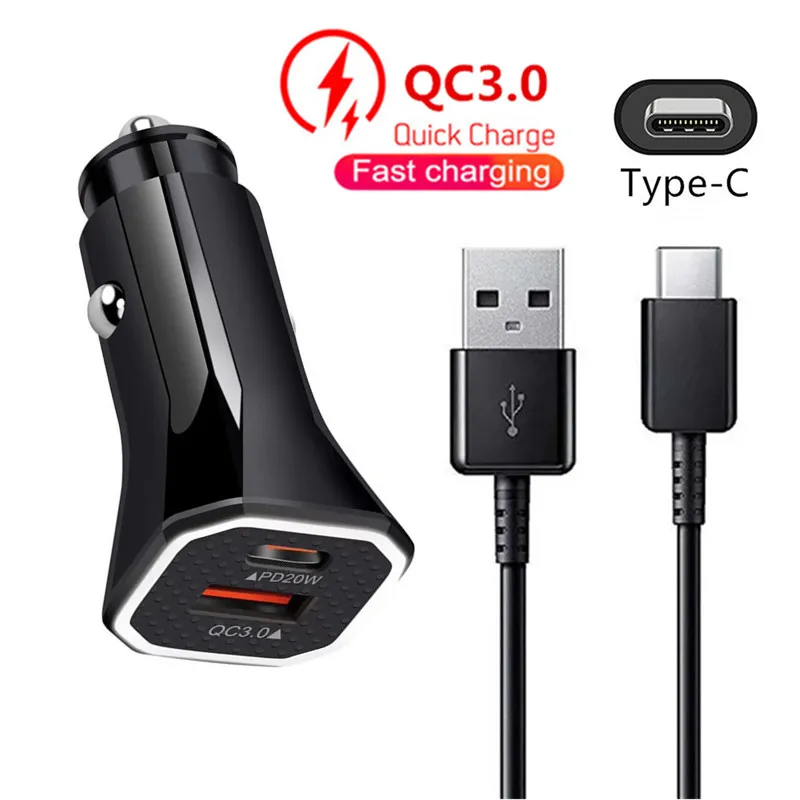 Adattatore telefonico 20w PD Caricabatteria da auto QC 3.0 Cavo USB di tipo C a ricarica rapida per Samsung Galaxy S8 S20 S22 Ultra A51 A73 5G