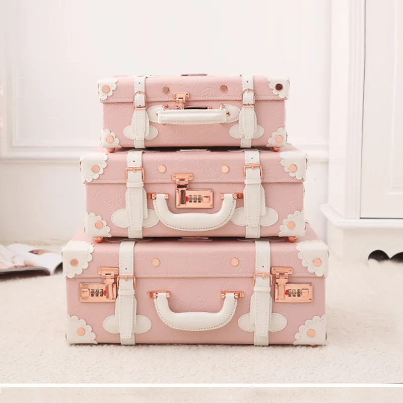 Suitcases 13" Fashion Pink Pu Leather Little Vintage Suitcase Lightweight Hand CarryOn Cute Girls Makeup Case Rose Gold Retro Suitcase 221114