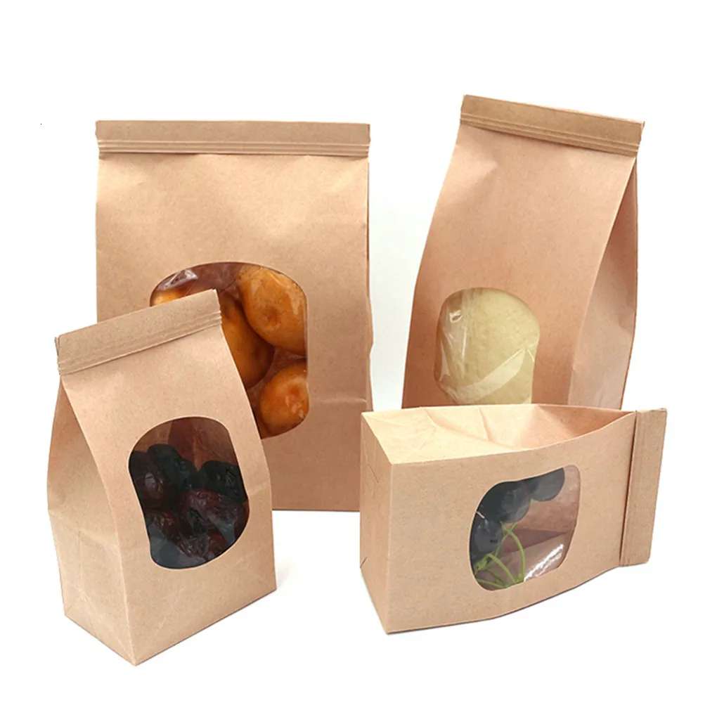 Presentförpackning 50st Bakery Påsar med tydligt fönsterförsegling fettsäker Kraftpapperspåse för mat snacks cookie kaffekök tillbehör 221108