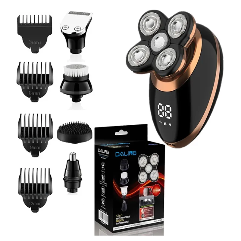 Barbeadores elétricos 5in1 kit de limpeza barbeador elétrico molhado para homens apartador de cabelo barba barbeador recarregável Máquina de barbear careca USB 221114
