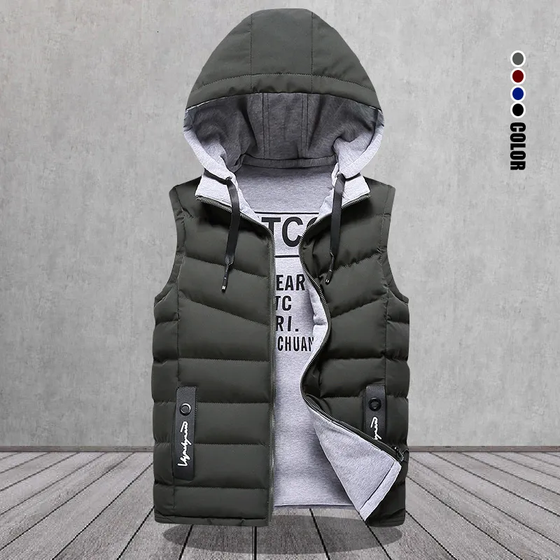 남자 조끼 브랜드 겨울 민소매 재킷 아래로 남성 후드 가루 따뜻한 캐주얼 아웃복 모자 분리 가능한 외부 chalecos 221115