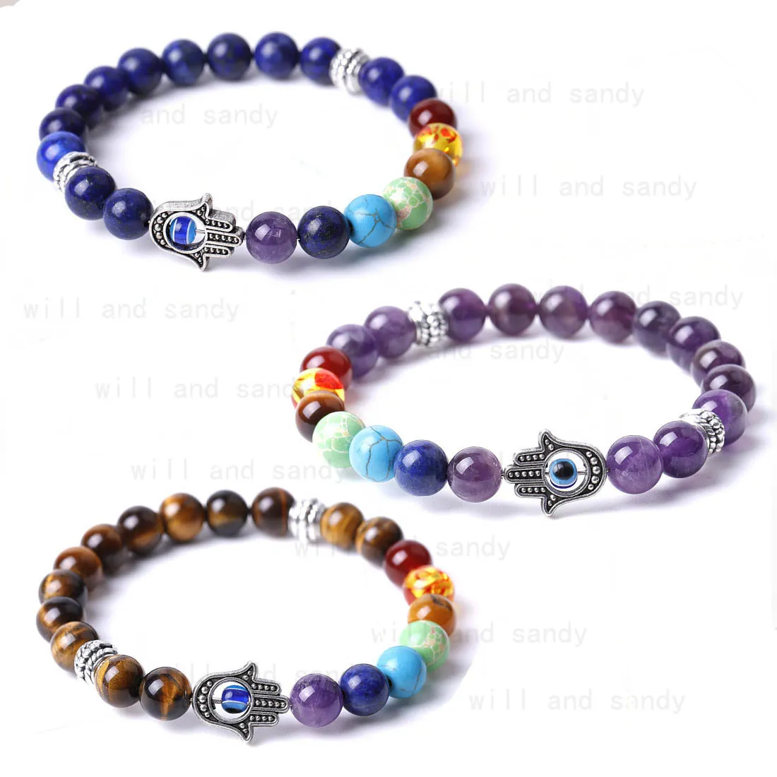 Yoga 7 Chakra Pietra naturale Perline Bracciale Filo Bracciali con pietre preziose Ametista Occhio di tigre Lapislazzuli Reiki Cristalli curativi Pietra con perline Gioielli di moda