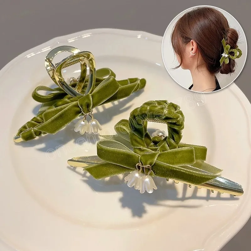 Artiglio per capelli per donna Fermagli per capelli con nastro verde Bowknot Fiori Ciondolo Forcina per ragazza Accessori per capelli Copricapo moda