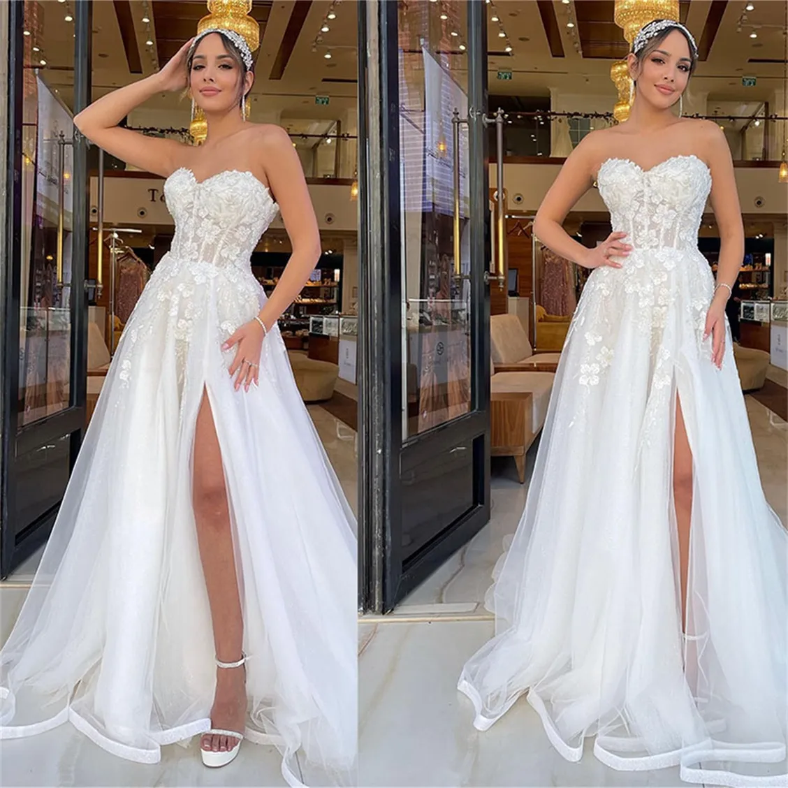 Luxus A-Linie Brautkleider 3D Blumen Trägerlose Brautkleider Schnürung Sweep Zug Romantisches Kleid Robe De Mariee