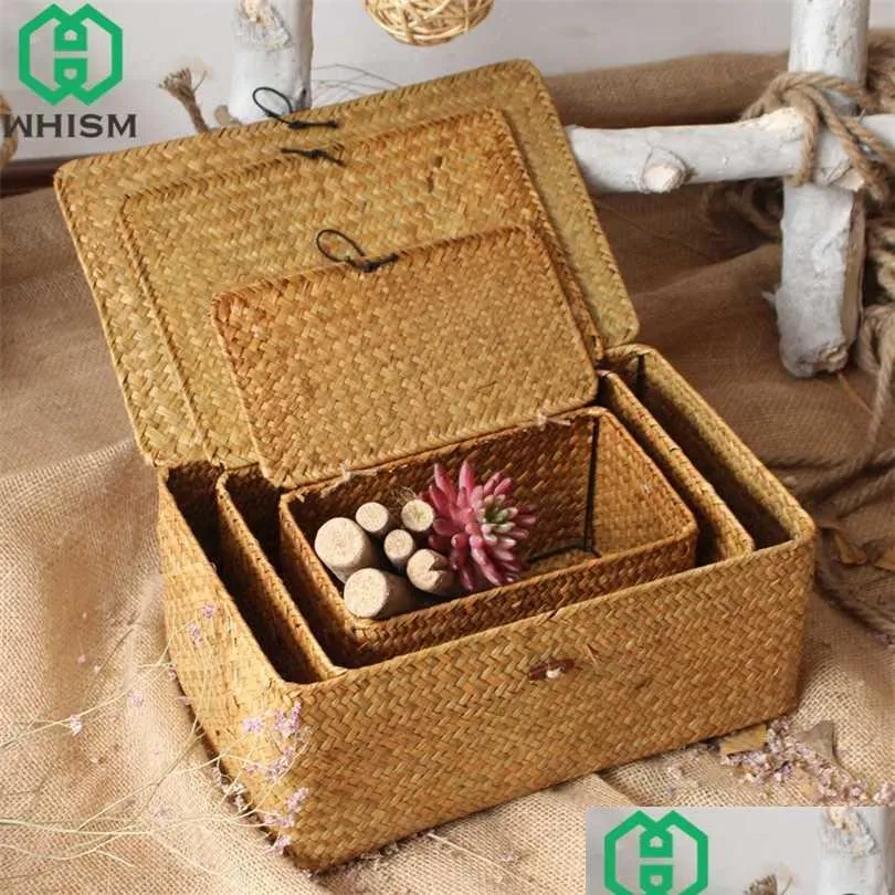 Scatole di immagazzinaggio Bidoni Whism Scatola di immagazzinaggio tessuta a mano con coperchio Cestino in rattan Gioielli Contenitore per alimenti Organizzatore di trucco Giocattoli Es 211102 Dh1Rz