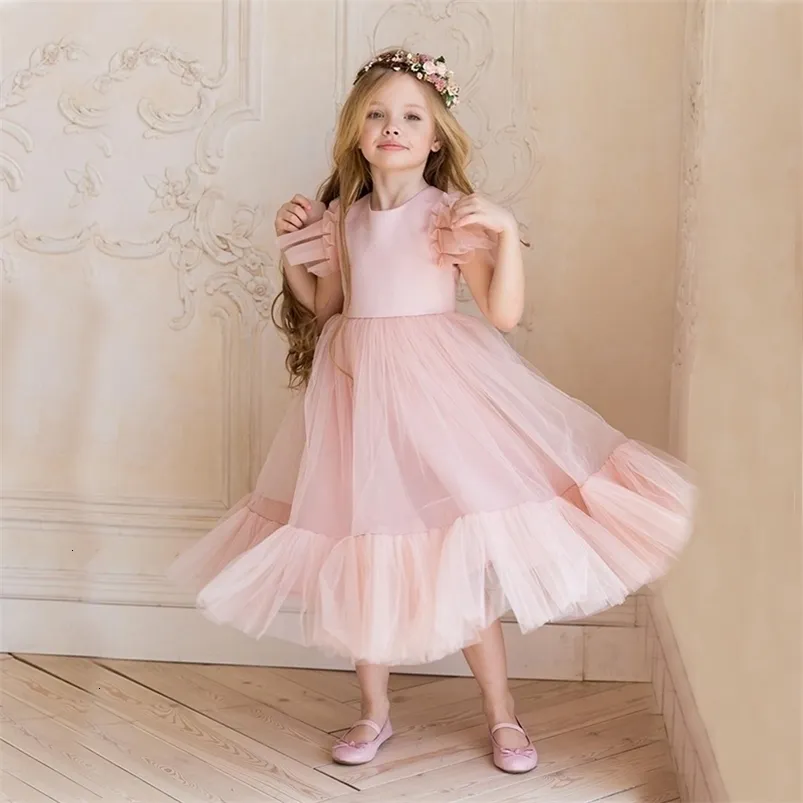 Flower Girl Dress Children Bridemaid Wedding Dresses for Kids Pink Tulle Gowns Girls Boutique Party Wear Elegant Frocks 220324