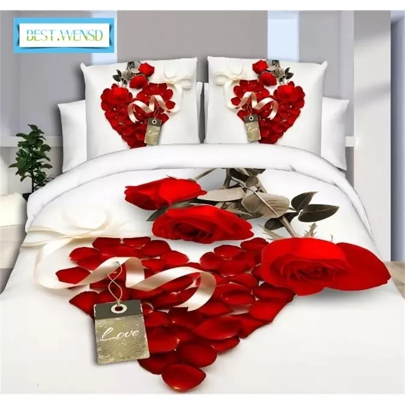Bettwäsche-Sets 3D-Bettbezug-King-Size-Set 34-teiliges Hochzeit-Bettlaken-Kissenbezüge Rote Rose Lilie Bettwäsche Romantische Liebe 221114