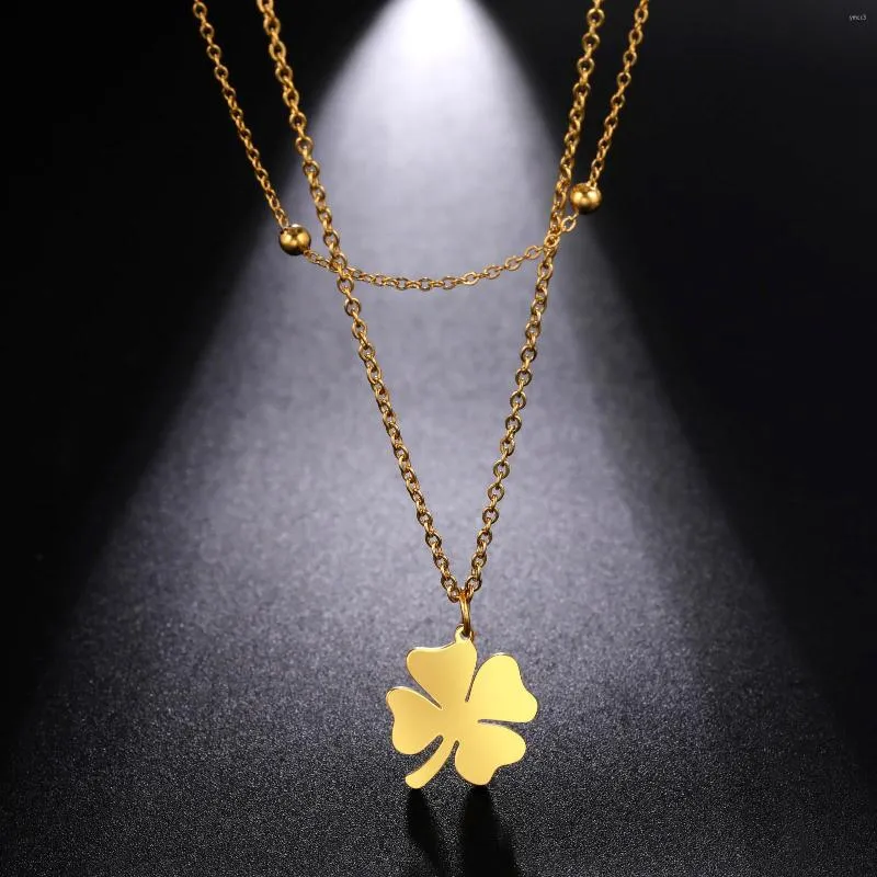 Pendanthalsband Teamer Four-Leaf Clover Double Layer Halsband för kvinnor Rostfritt stål Pärlkedja Choker 2022 Smyckesgåva Partihandel