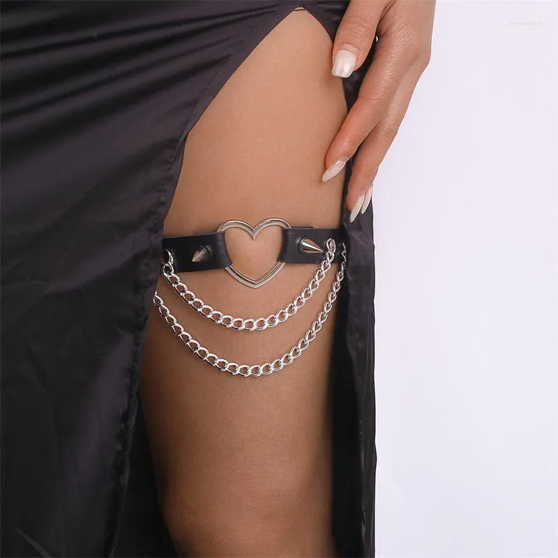 Bracelets de cheville Sexy jambe chaîne en cuir élastique à pointes harnais pour femmes filles Goth coeur cuisse jarretière Rave bijoux de corps